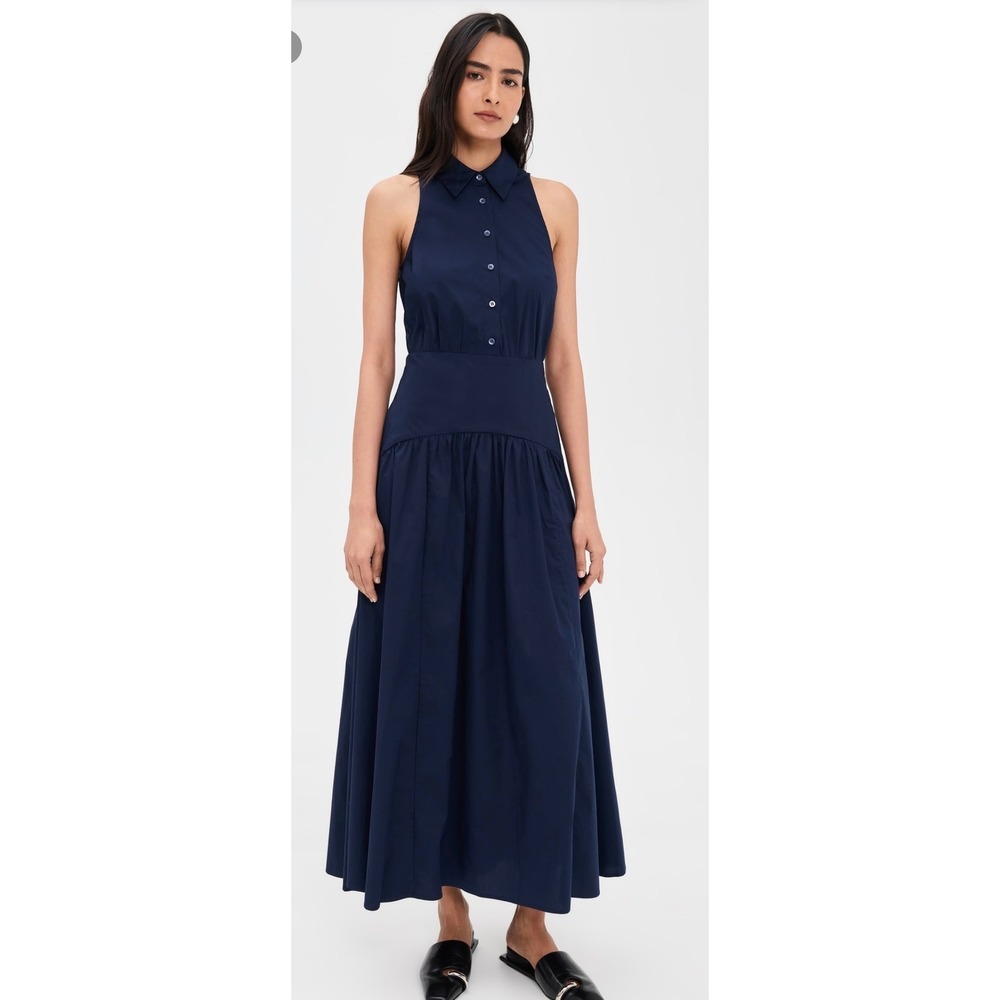 Staud Romy Dress Navy Blue Sleeveless Collared Maxi Drop Waist Size 10 NEW